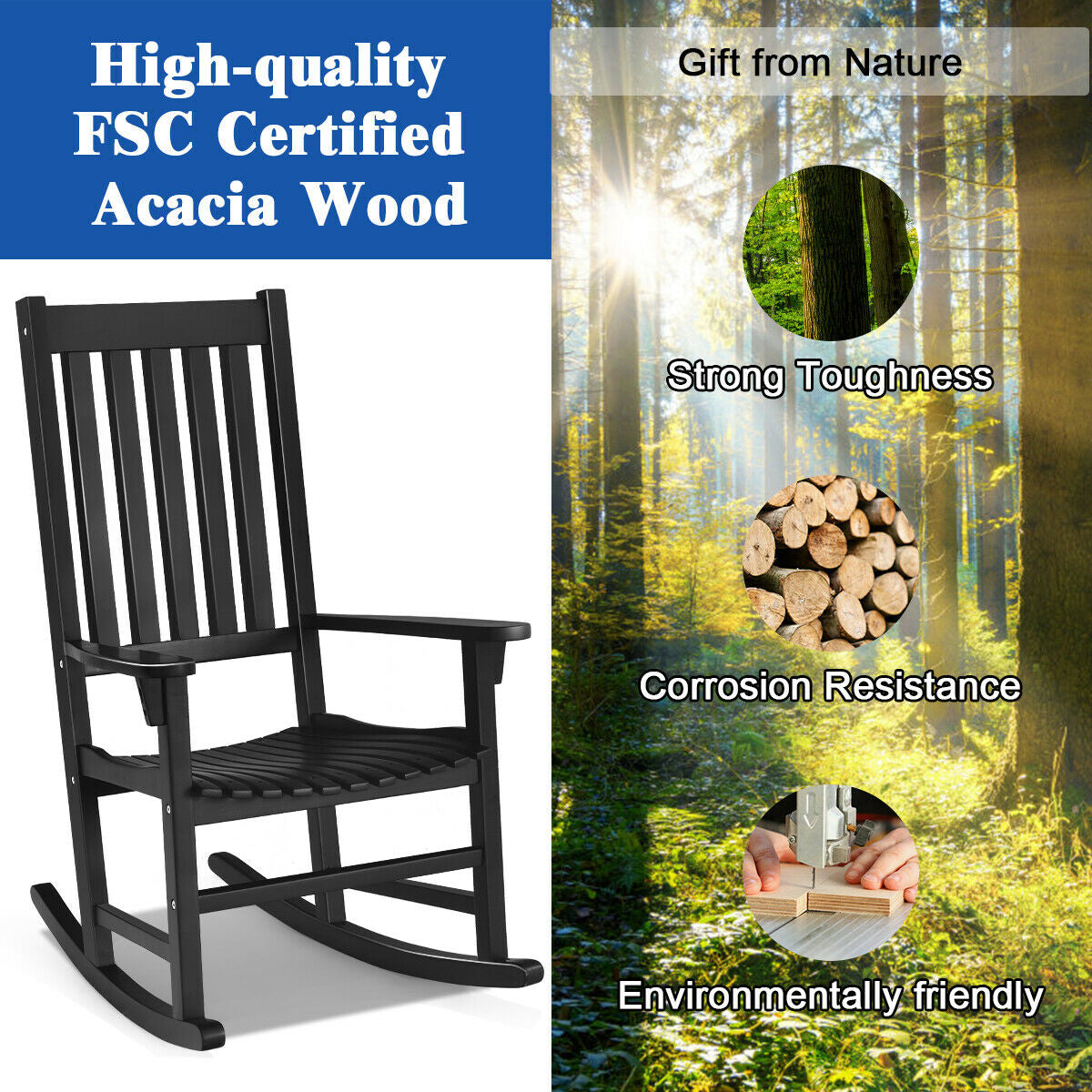 Indoor Outdoor Wooden High Back Rocking Chair, Black Patio Rocking Chairs & Gliders at Gallery Canada