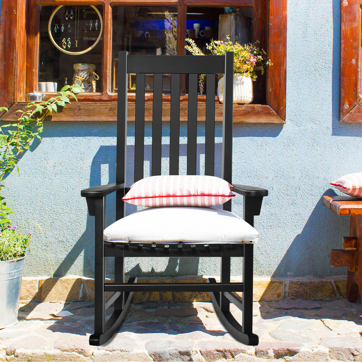 Indoor Outdoor Wooden High Back Rocking Chair, Black Patio Rocking Chairs & Gliders at Gallery Canada