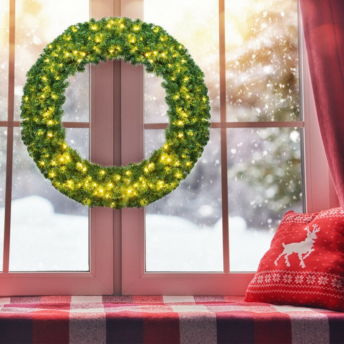 48 Inch Pre-Lit Cordless Artificial Christmas Wreath, Green Christmas Decor & Accessories at Gallery Canada