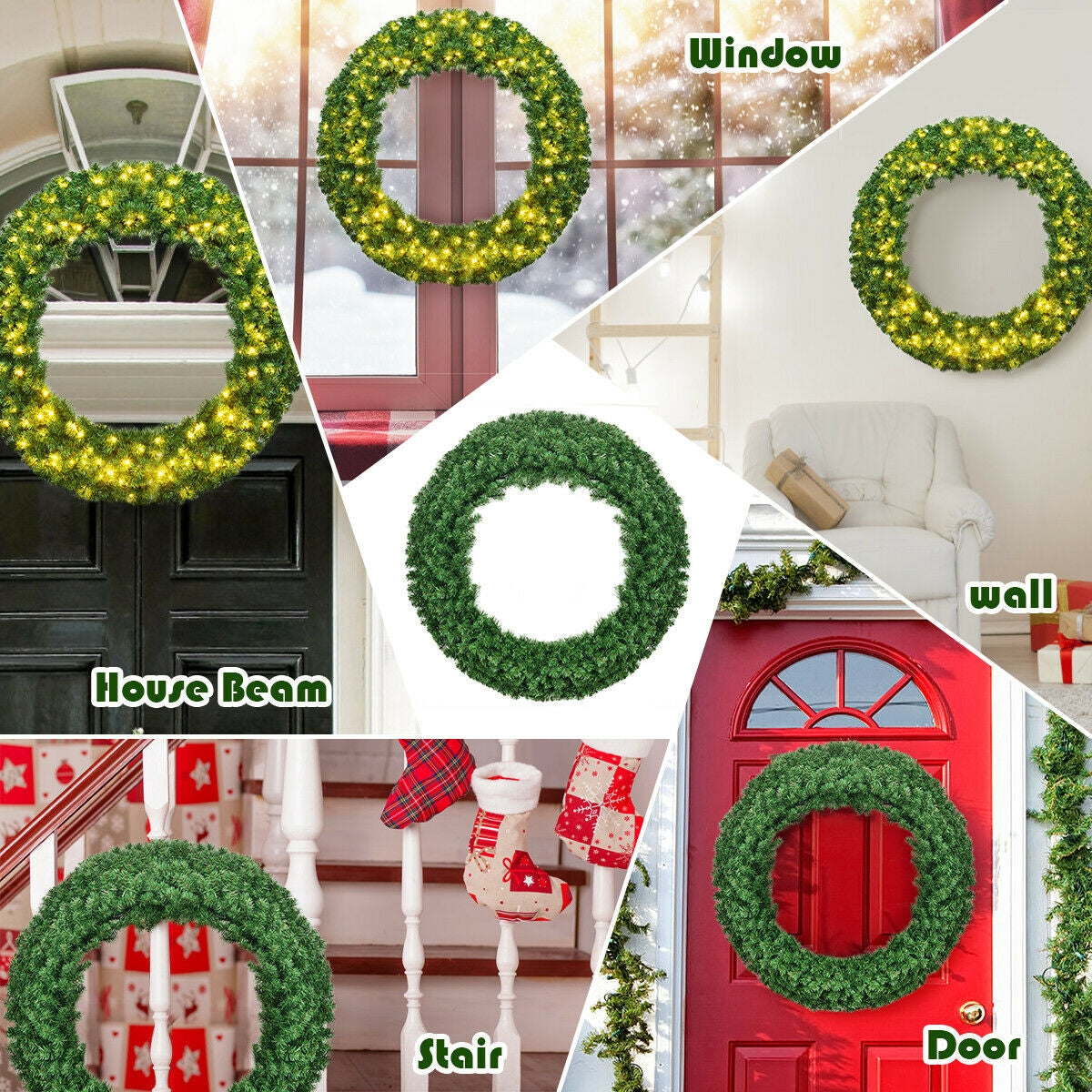 48 Inch Pre-Lit Cordless Artificial Christmas Wreath, Green Christmas Decor & Accessories at Gallery Canada