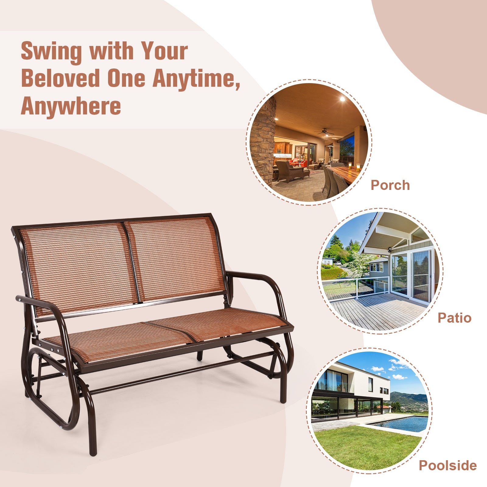 Swing Glider Chair 48 Inch Loveseat Rocker Lounge Backyard, Brown Patio Rocking Chairs & Gliders at Gallery Canada