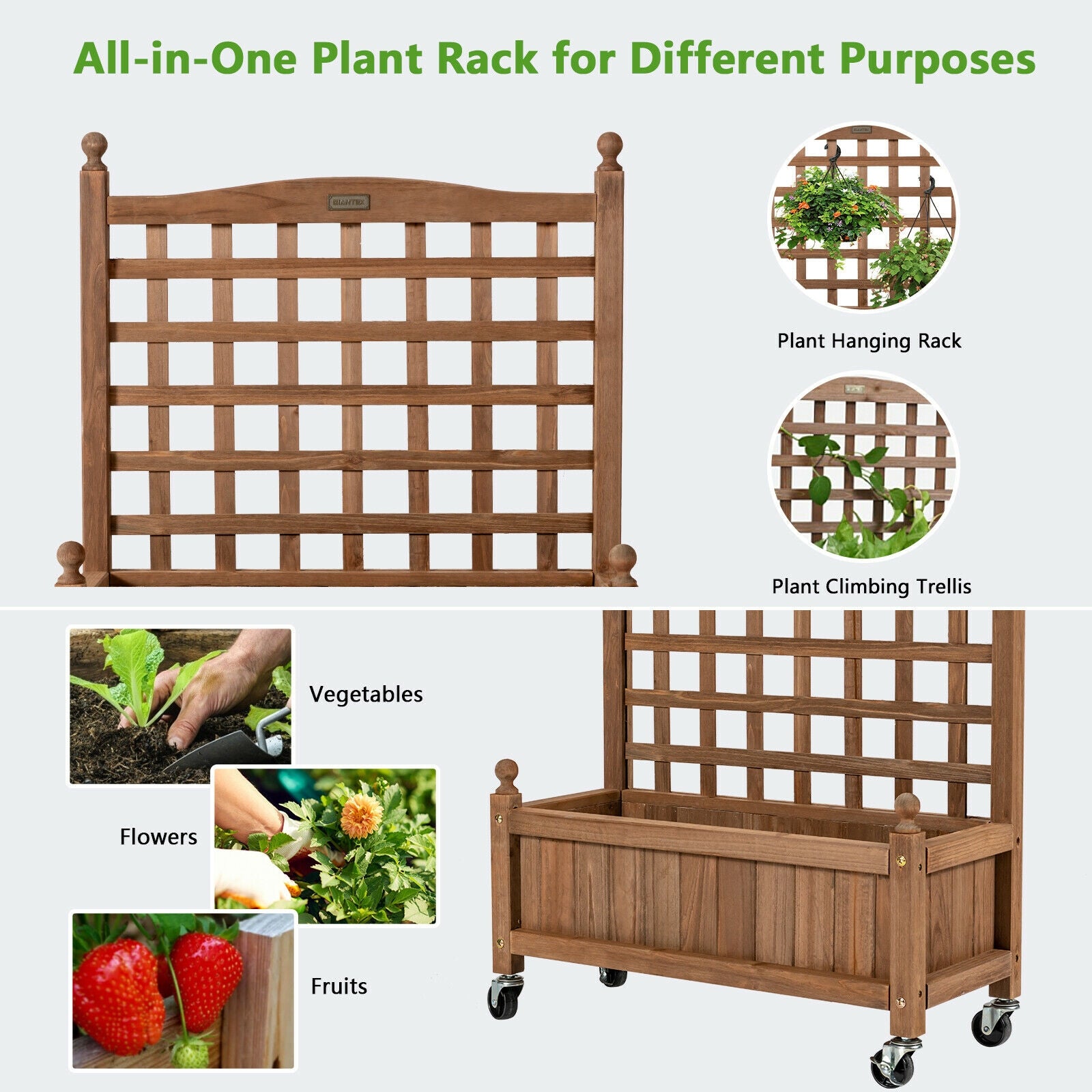 32in Wood Planter Box with Trellis Mobile Raised Bed for Climbing Plant, Brown Raised Garden Beds at Gallery Canada