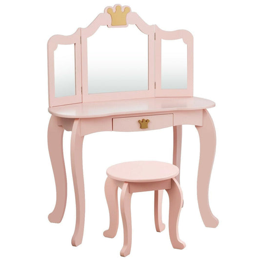 Kids Makeup Dressing Table with Tri-folding Mirror and Stool, Pink Kids Vanities Pink at Gallery Canada
