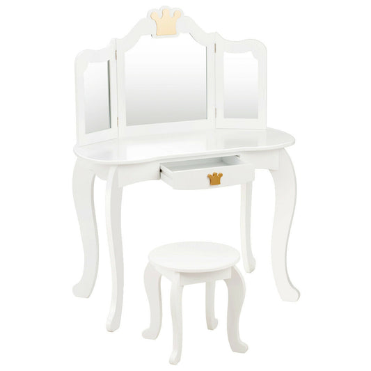 Kids Makeup Dressing Table with Tri-folding Mirror and Stool, White Kids Vanities White at Gallery Canada