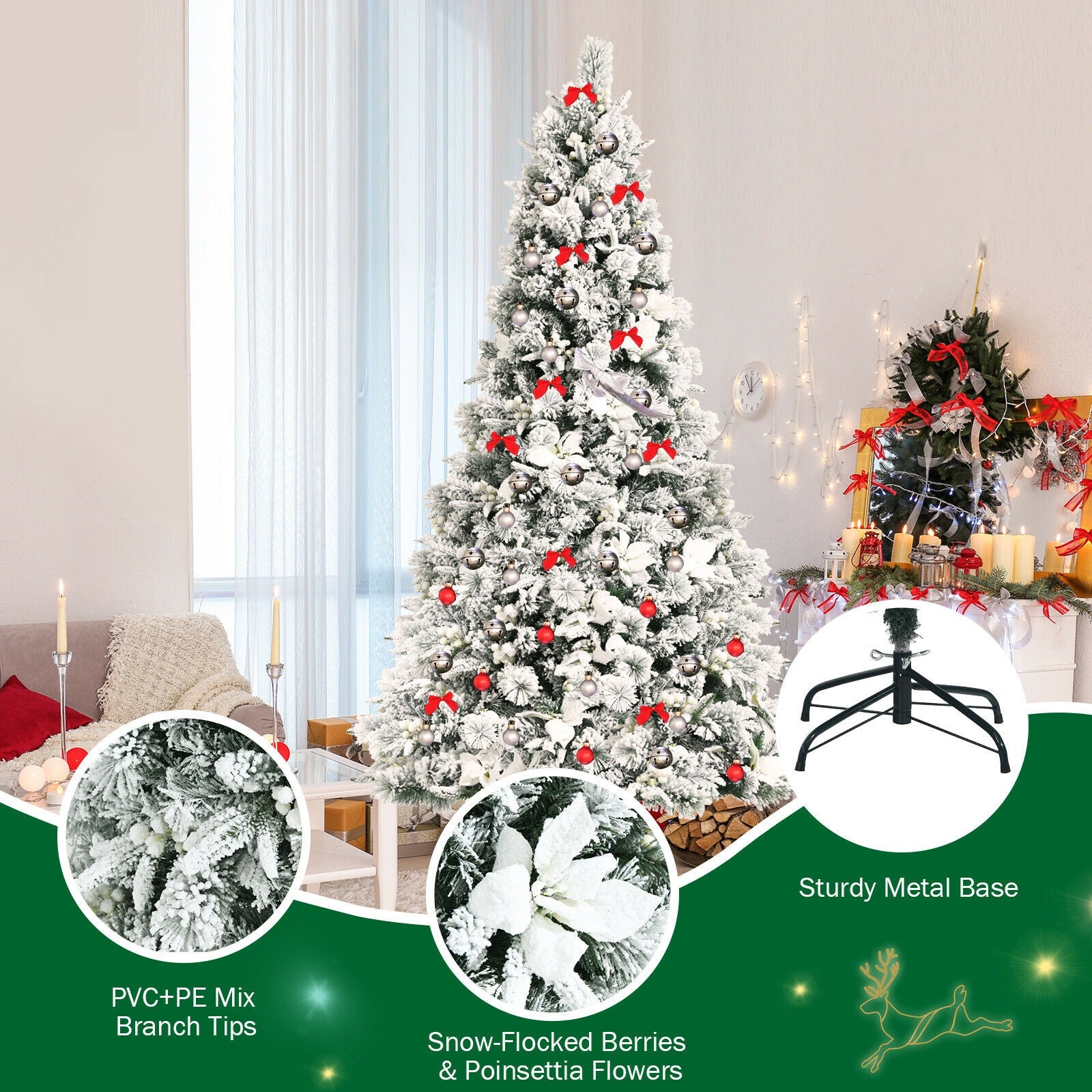 7 Feet Snow Flocked Christmas Tree with Poinsettia Flowers, White Christmas Tree at Gallery Canada