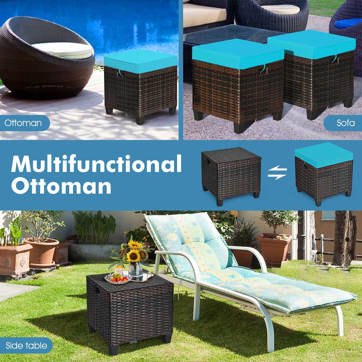 2PCS Patio Rattan Ottoman Cushioned Seat, Blue Outdoor Seating & Patio Chairs at Gallery Canada