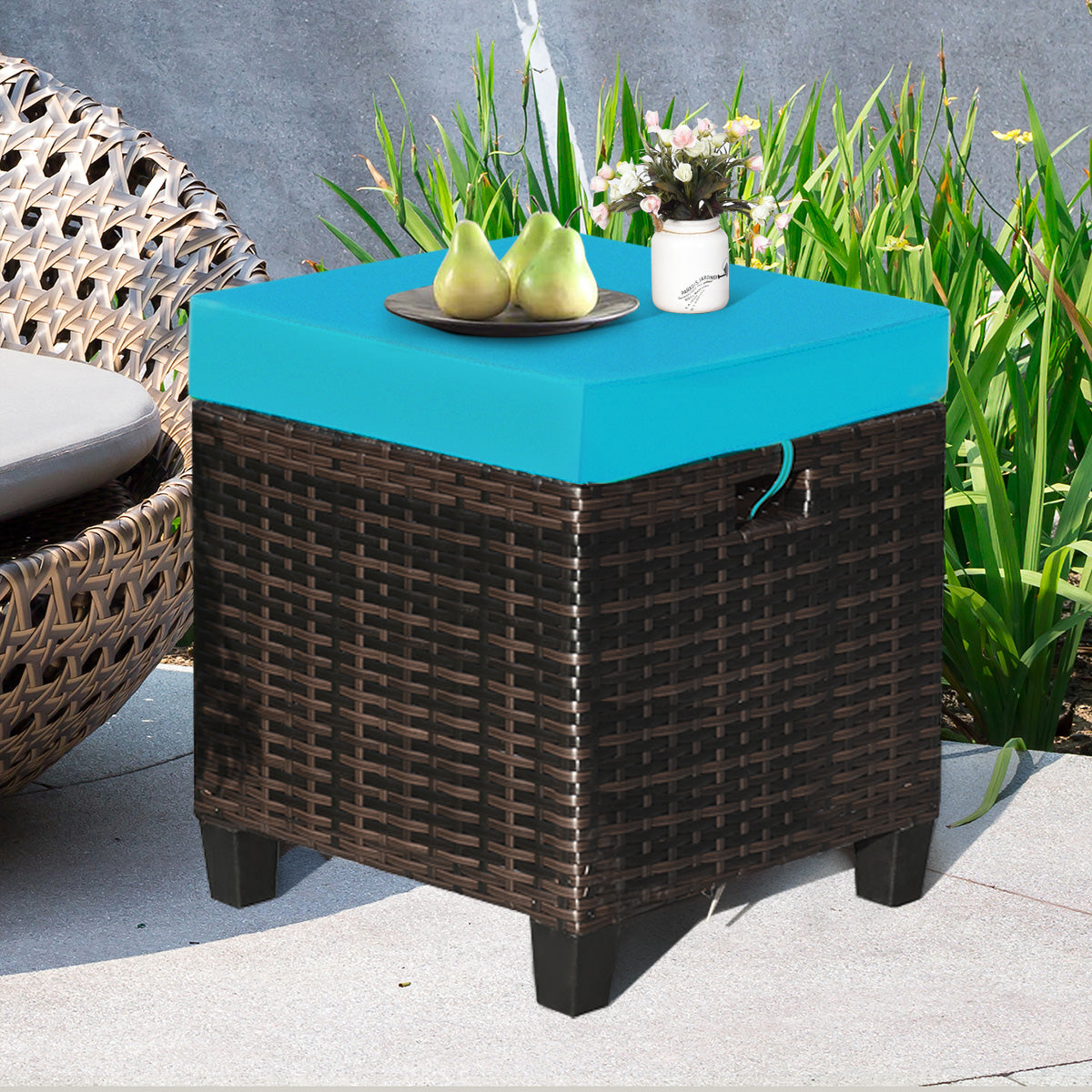 2PCS Patio Rattan Ottoman Cushioned Seat, Blue Outdoor Seating & Patio Chairs at Gallery Canada
