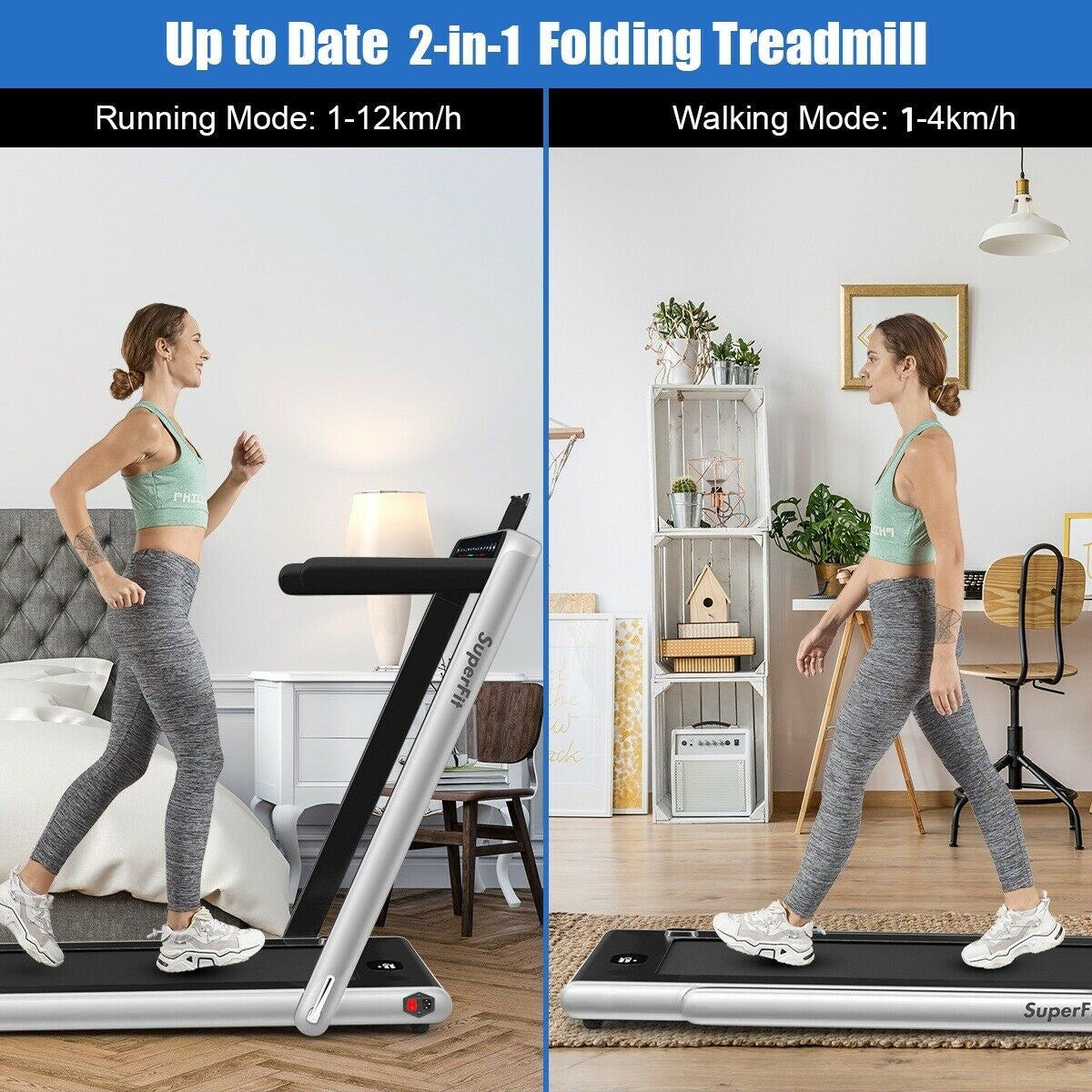 2-In-1 Electric Folding Treadmill, Dual Display, Silver Treadmills at Gallery Canada
