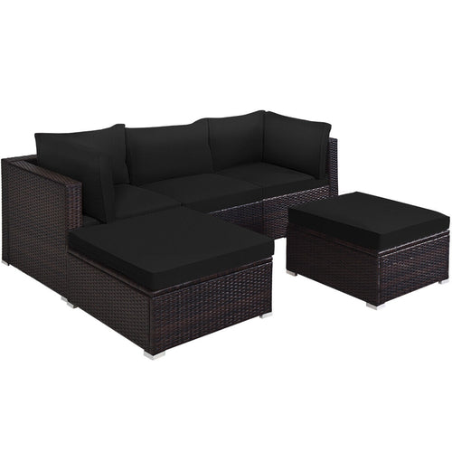 5 Pieces Patio Sectional Rattan Furniture Set with Ottoman Table, Black