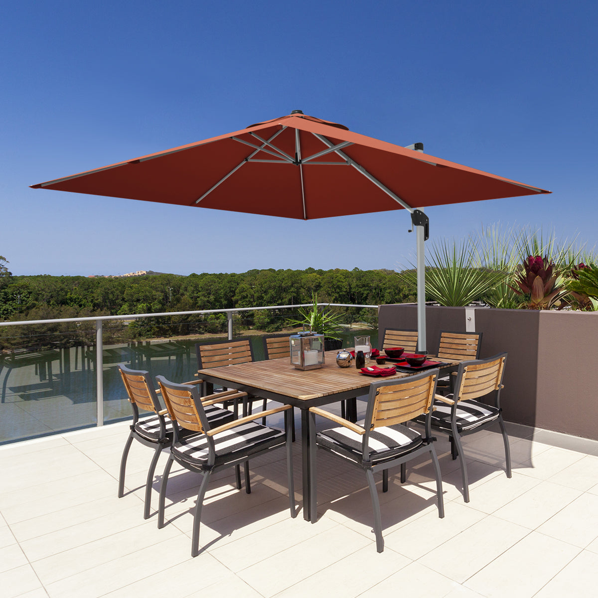 10 ft 360 Degree Tilt Aluminum Square Patio Offset Cantilever Umbrella without Weight Base-Brick red, Orange Outdoor Umbrellas at Gallery Canada