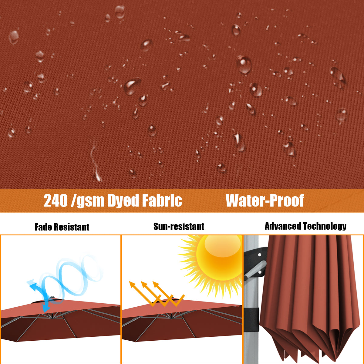 10 ft 360 Degree Tilt Aluminum Square Patio Offset Cantilever Umbrella without Weight Base-Brick red, Orange Outdoor Umbrellas at Gallery Canada