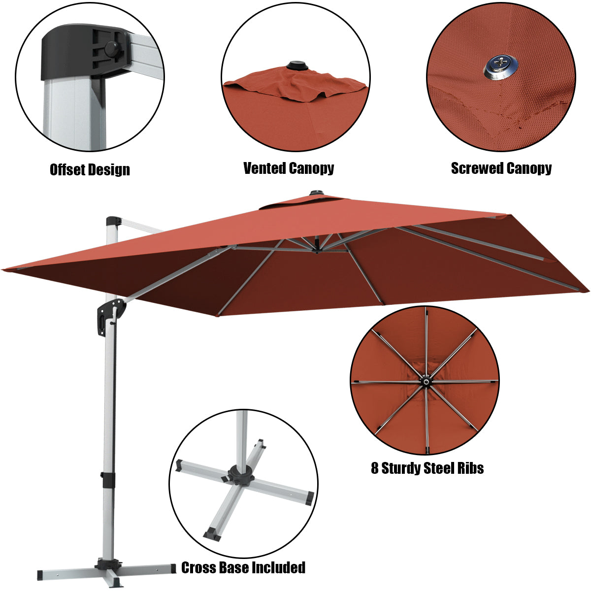 10 ft 360 Degree Tilt Aluminum Square Patio Offset Cantilever Umbrella without Weight Base-Brick red, Orange Outdoor Umbrellas at Gallery Canada