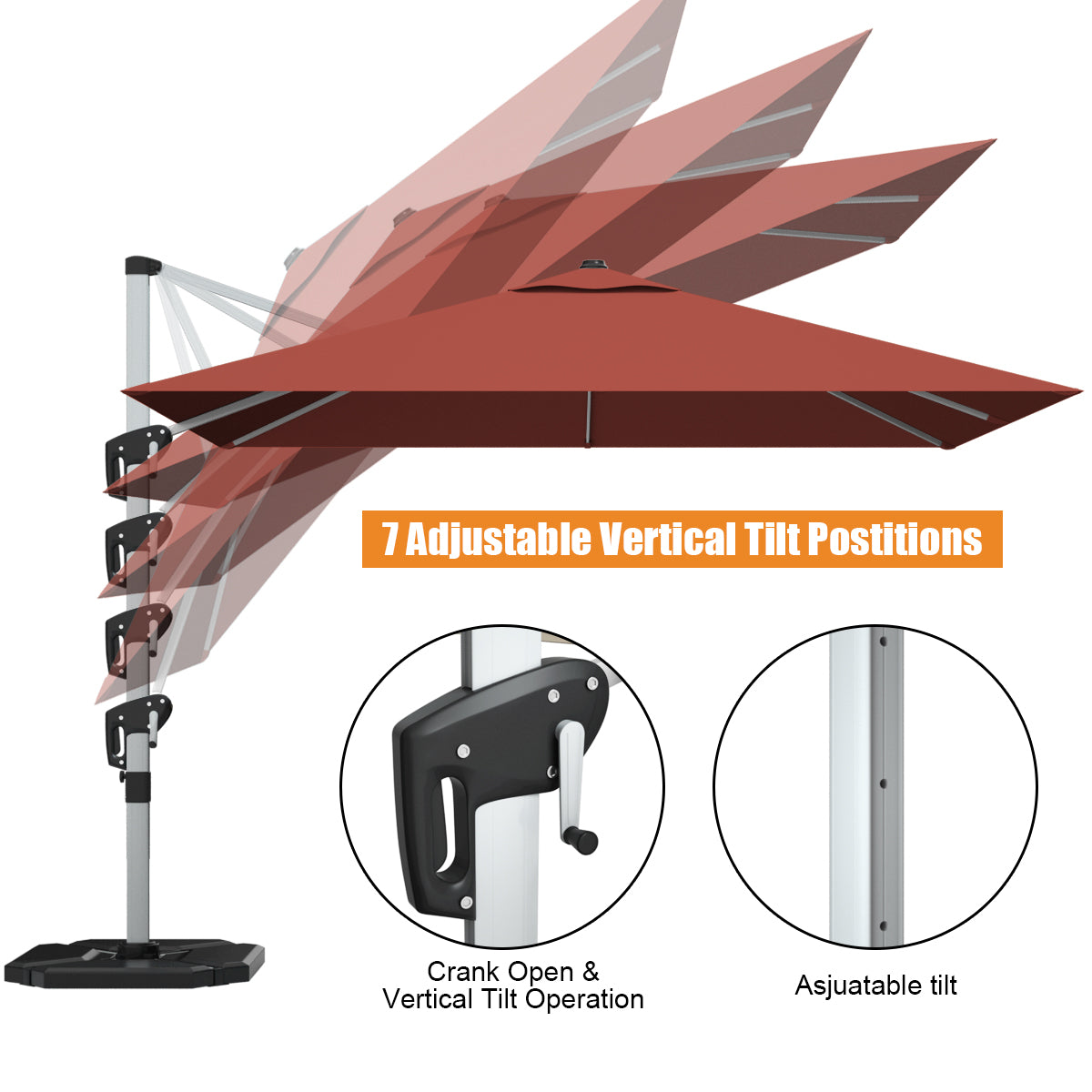 10 ft 360 Degree Tilt Aluminum Square Patio Offset Cantilever Umbrella without Weight Base-Brick red, Orange Outdoor Umbrellas at Gallery Canada