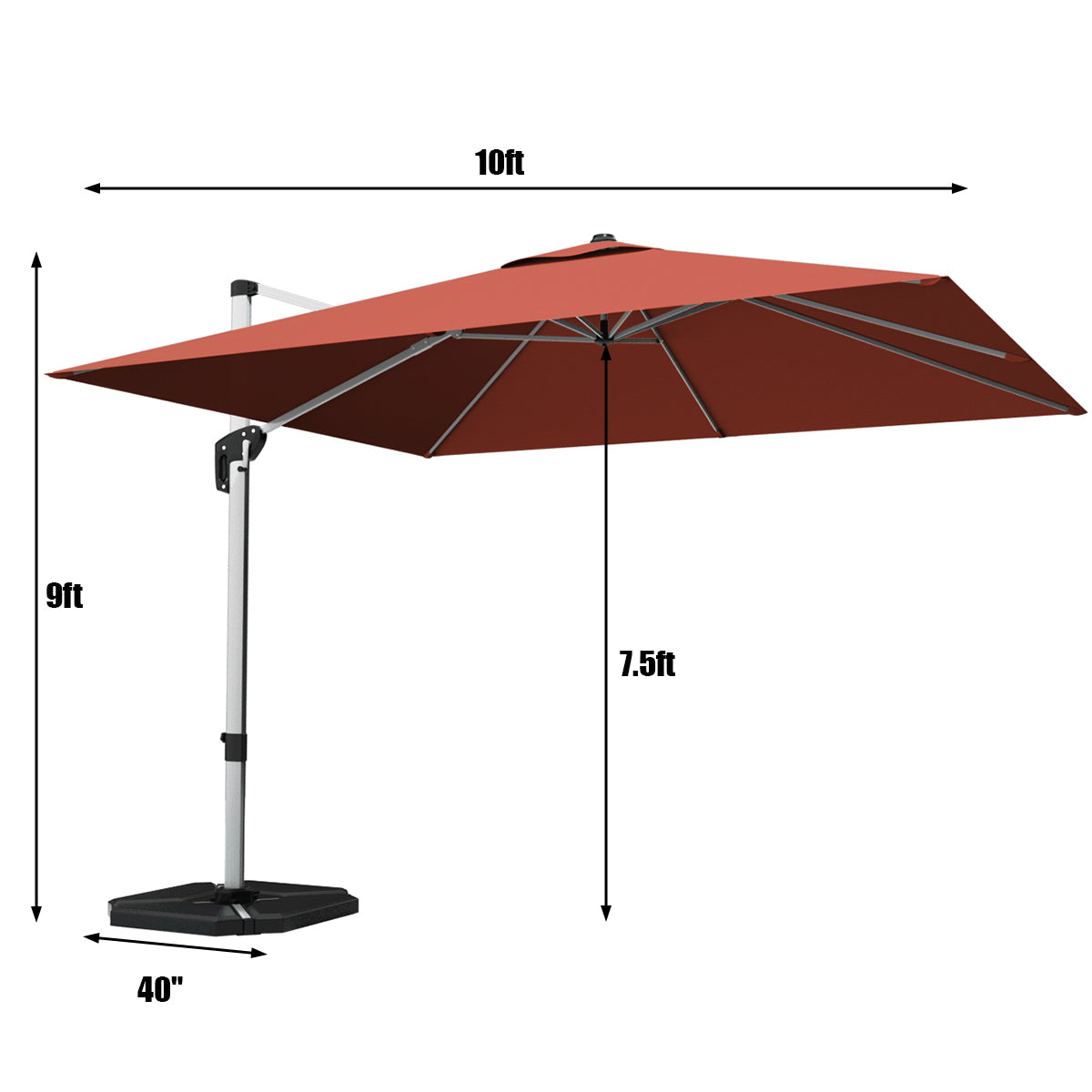 10 ft 360 Degree Tilt Aluminum Square Patio Offset Cantilever Umbrella without Weight Base-Brick red, Orange Outdoor Umbrellas at Gallery Canada