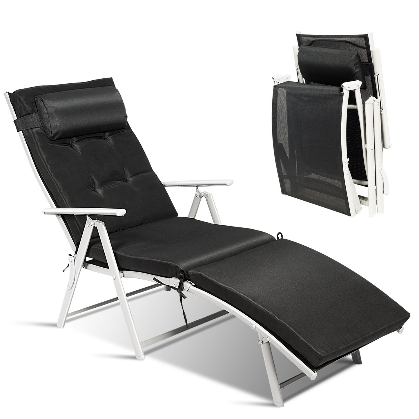 Adjustable Outdoor Lightweight Folding Chaise Lounge Chair with Pillow, Black Outdoor Chaise Lounges at Gallery Canada