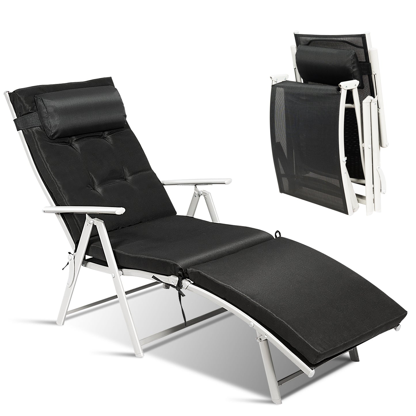 Chaise longue pliante légère et réglable avec oreiller, noire, pour l'extérieur