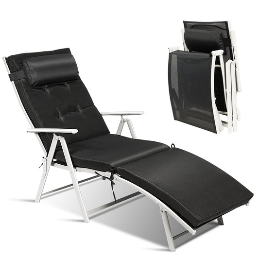 Chaise longue pliante légère et réglable avec oreiller, noire, pour l'extérieur