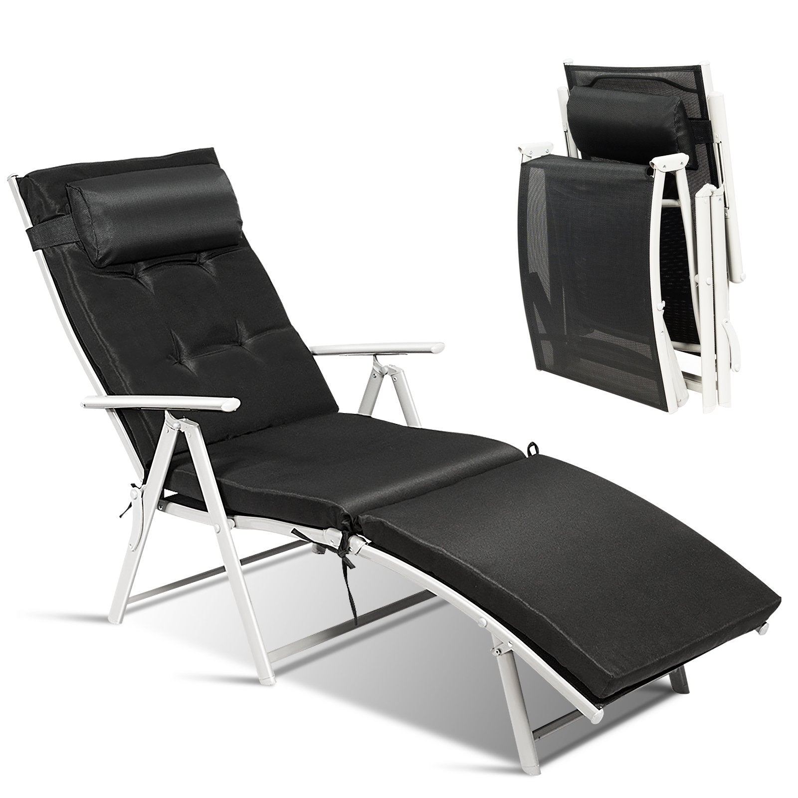 Adjustable Outdoor Lightweight Folding Chaise Lounge Chair with Pillow, Black Outdoor Chaise Lounges Black at Gallery Canada