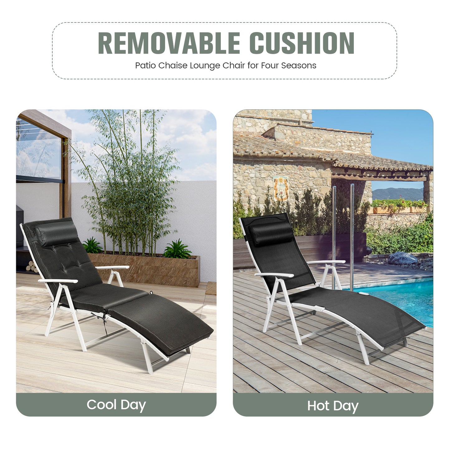 Adjustable Outdoor Lightweight Folding Chaise Lounge Chair with Pillow, Black Outdoor Chaise Lounges at Gallery Canada