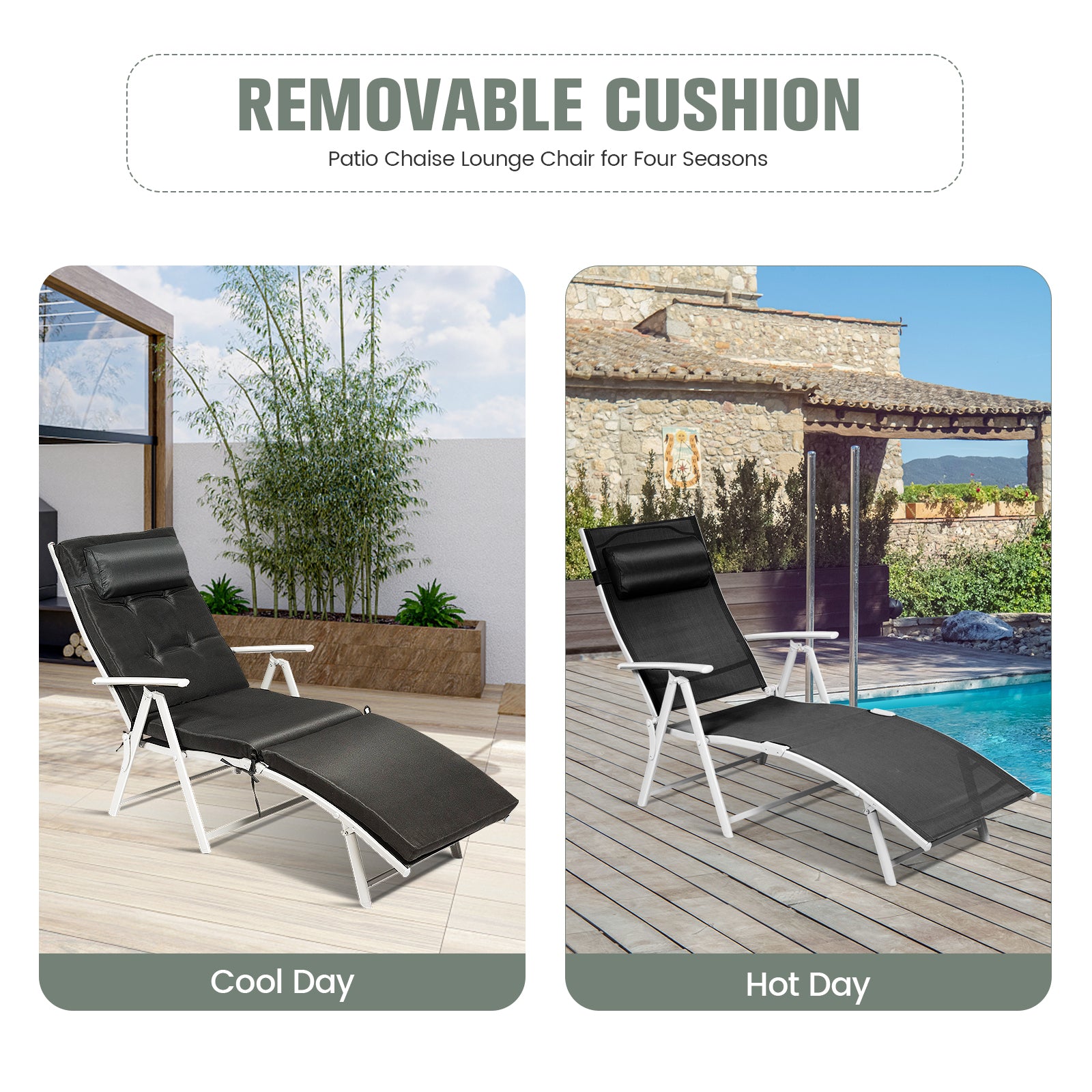 Adjustable Outdoor Lightweight Folding Chaise Lounge Chair with Pillow, Black Outdoor Chaise Lounges at Gallery Canada