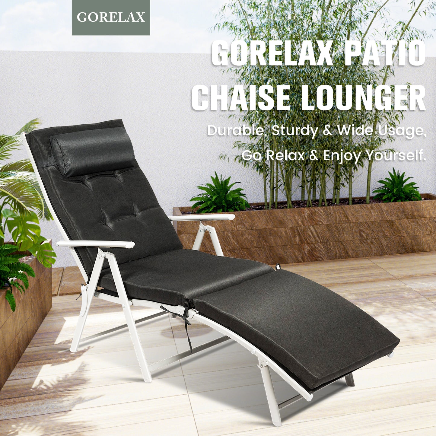 Adjustable Outdoor Lightweight Folding Chaise Lounge Chair with Pillow, Black Outdoor Chaise Lounges at Gallery Canada