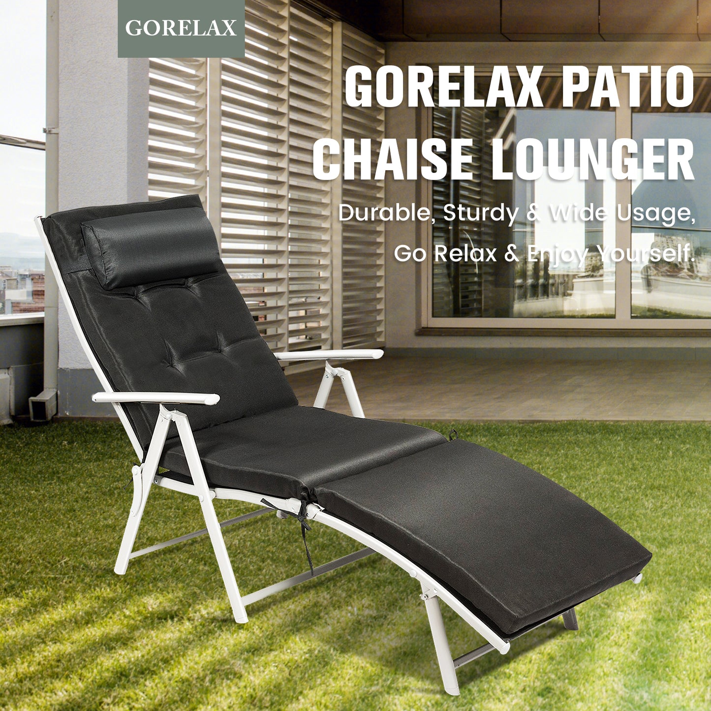 Adjustable Outdoor Lightweight Folding Chaise Lounge Chair with Pillow, Black Outdoor Chaise Lounges at Gallery Canada