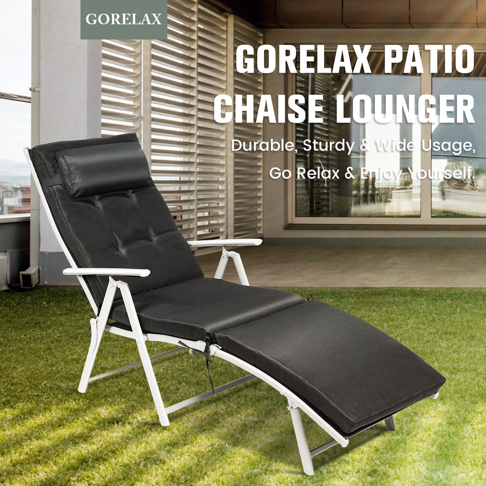 Adjustable Outdoor Lightweight Folding Chaise Lounge Chair with Pillow, Black Outdoor Chaise Lounges at Gallery Canada