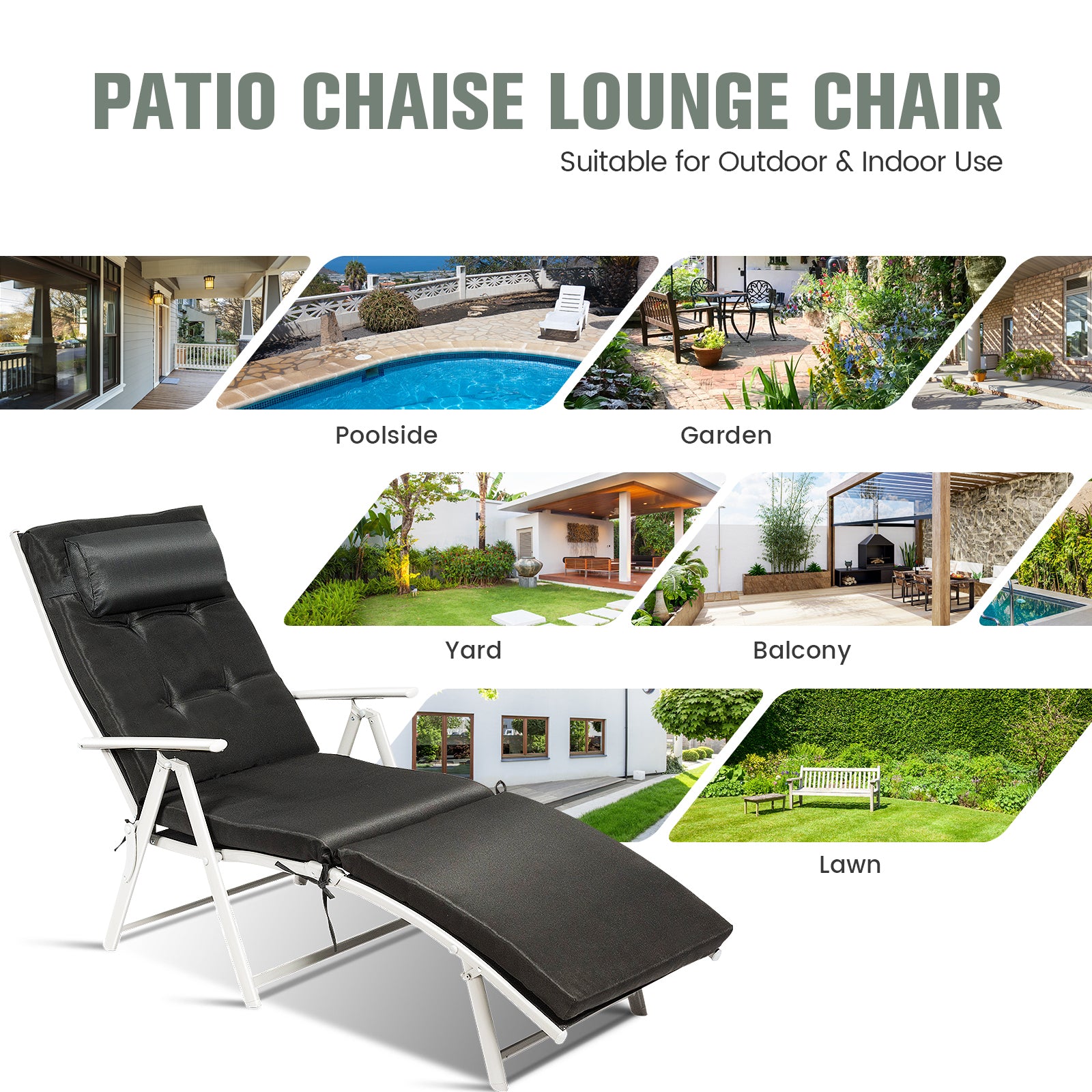Adjustable Outdoor Lightweight Folding Chaise Lounge Chair with Pillow, Black Outdoor Chaise Lounges at Gallery Canada
