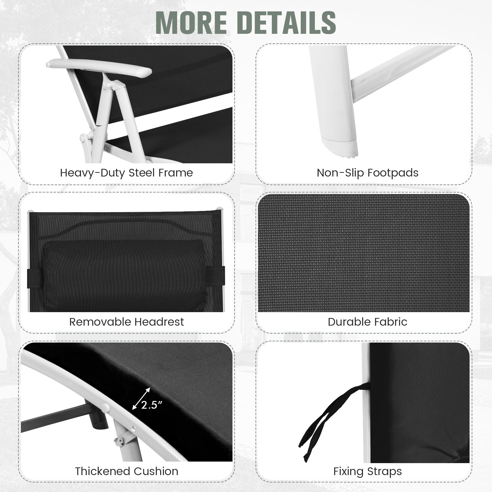 Adjustable Outdoor Lightweight Folding Chaise Lounge Chair with Pillow, Black Outdoor Chaise Lounges at Gallery Canada