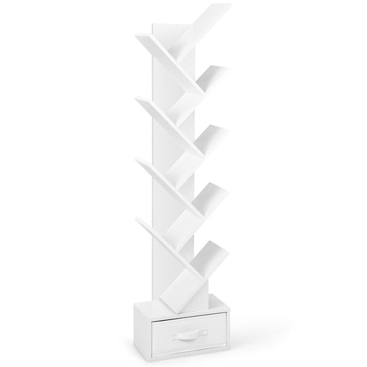 10-Tier Tree Bookshelf with Drawer Free-standing Storage Bookcase, White Bookcases White at Gallery Canada