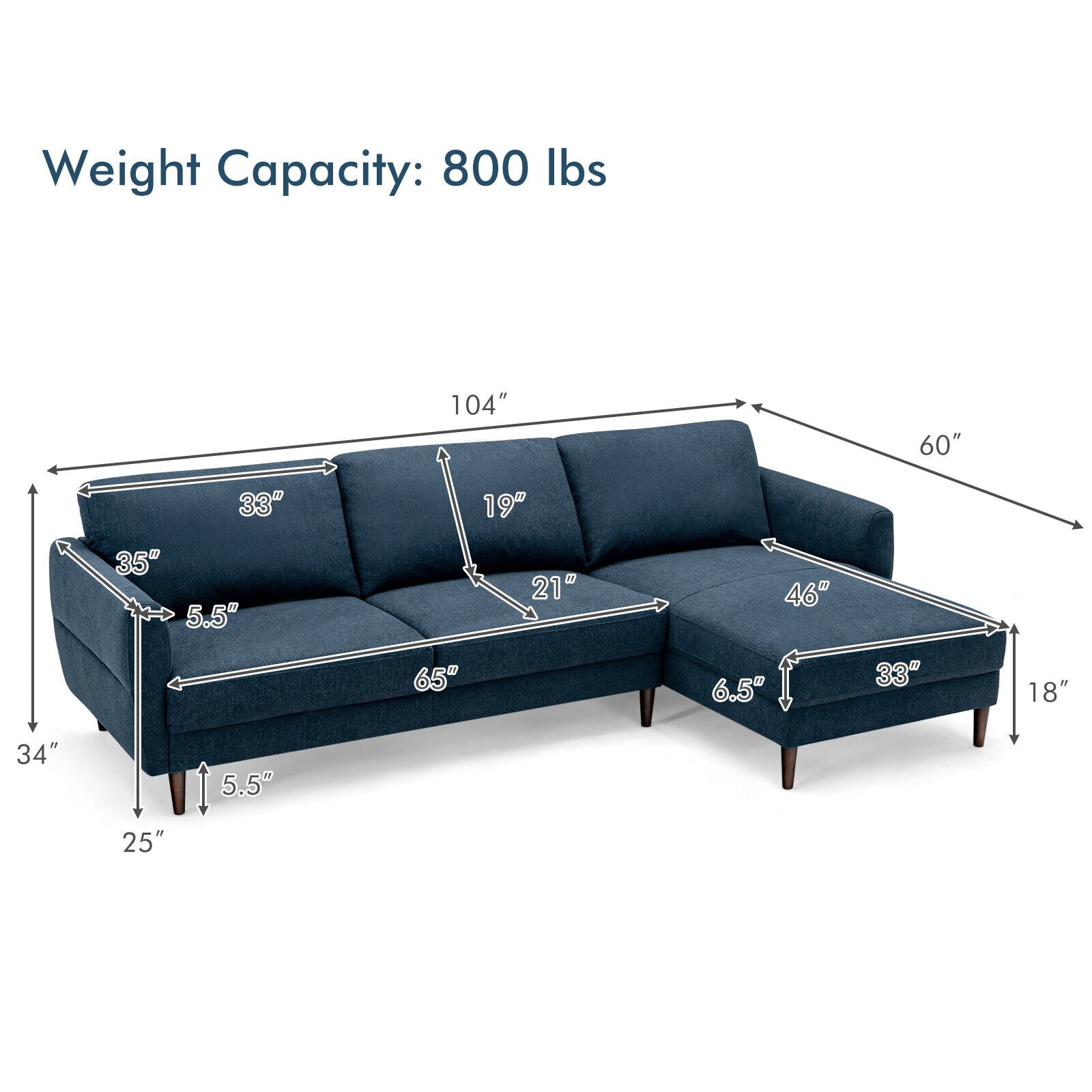 L-Shaped Fabric Sectional Sofa with Chaise Lounge and Solid Wood Legs, Navy Sofas & Loveseats at Gallery Canada