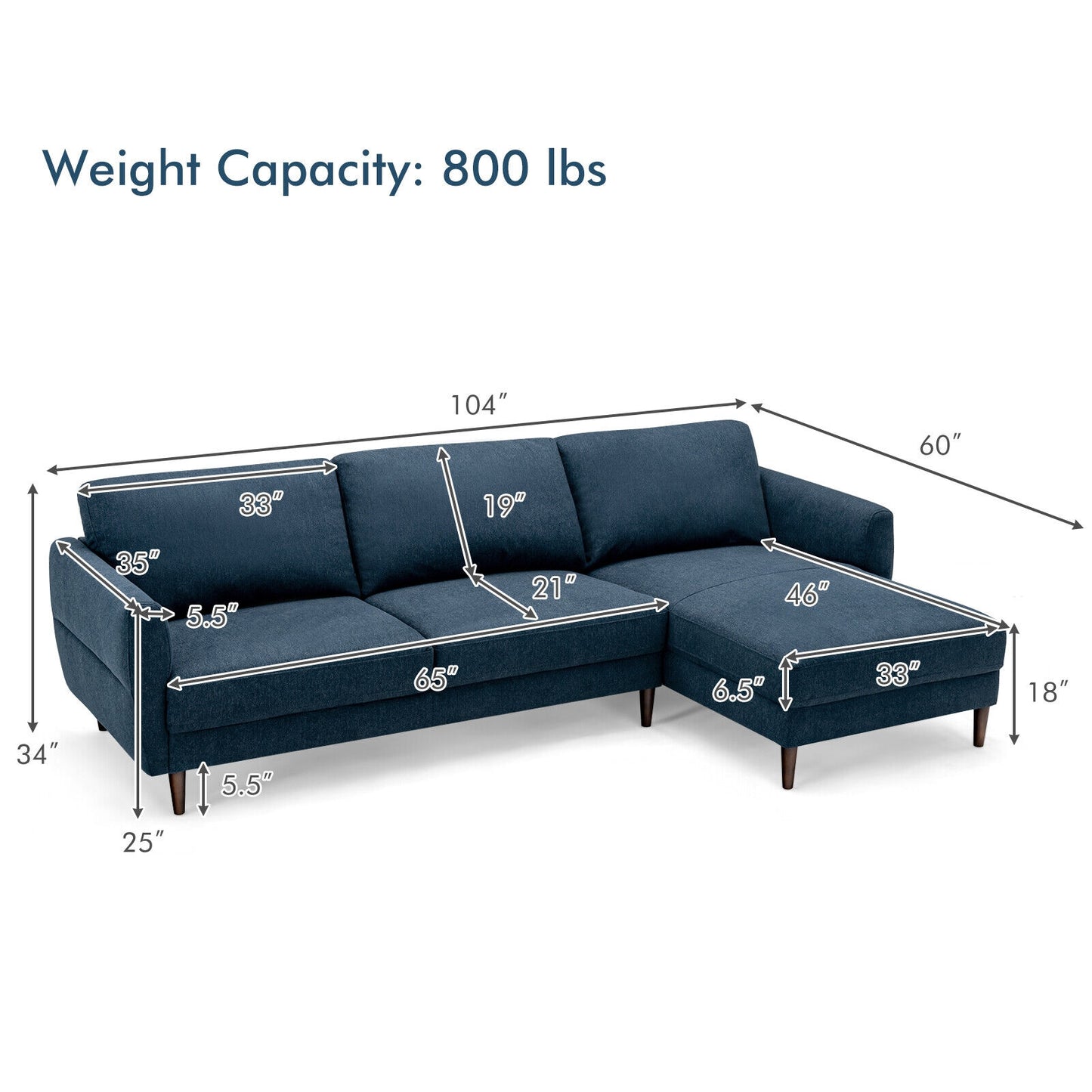 L-Shaped Fabric Sectional Sofa with Chaise Lounge and Solid Wood Legs, Navy Sofas & Loveseats at Gallery Canada
