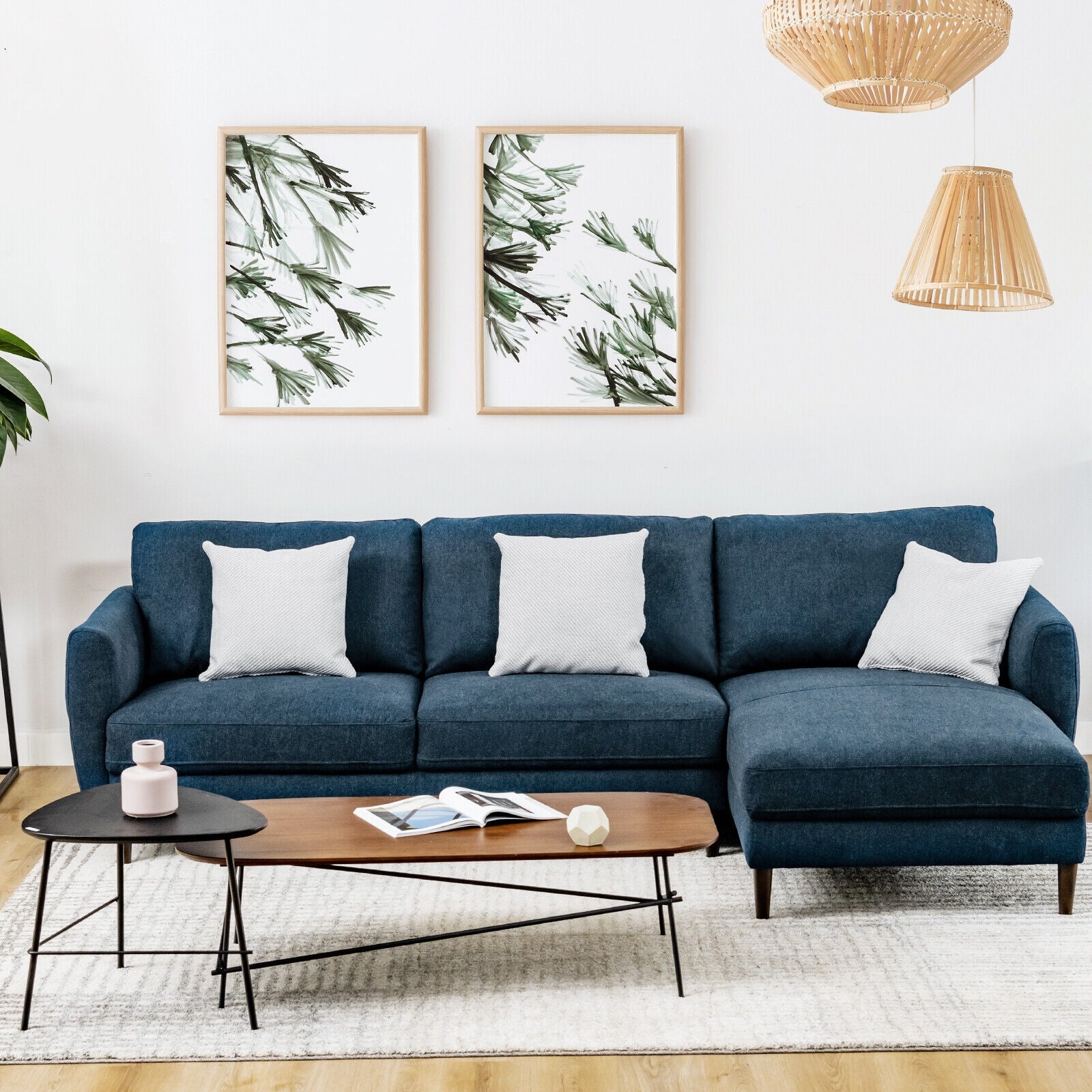 L-Shaped Fabric Sectional Sofa with Chaise Lounge and Solid Wood Legs, Navy Sofas & Loveseats at Gallery Canada
