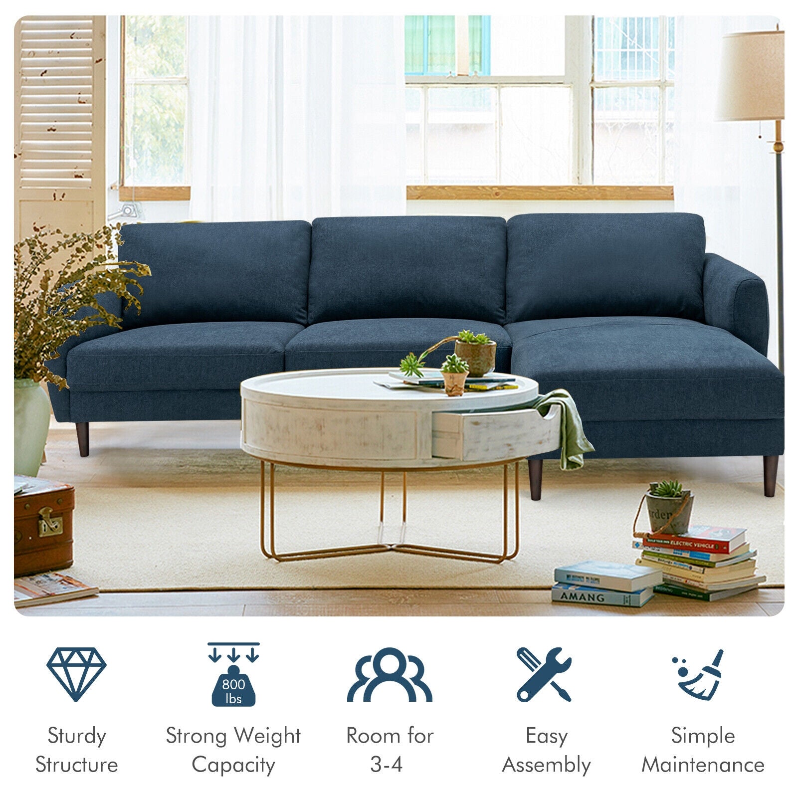 L-Shaped Fabric Sectional Sofa with Chaise Lounge and Solid Wood Legs, Navy Sofas & Loveseats at Gallery Canada