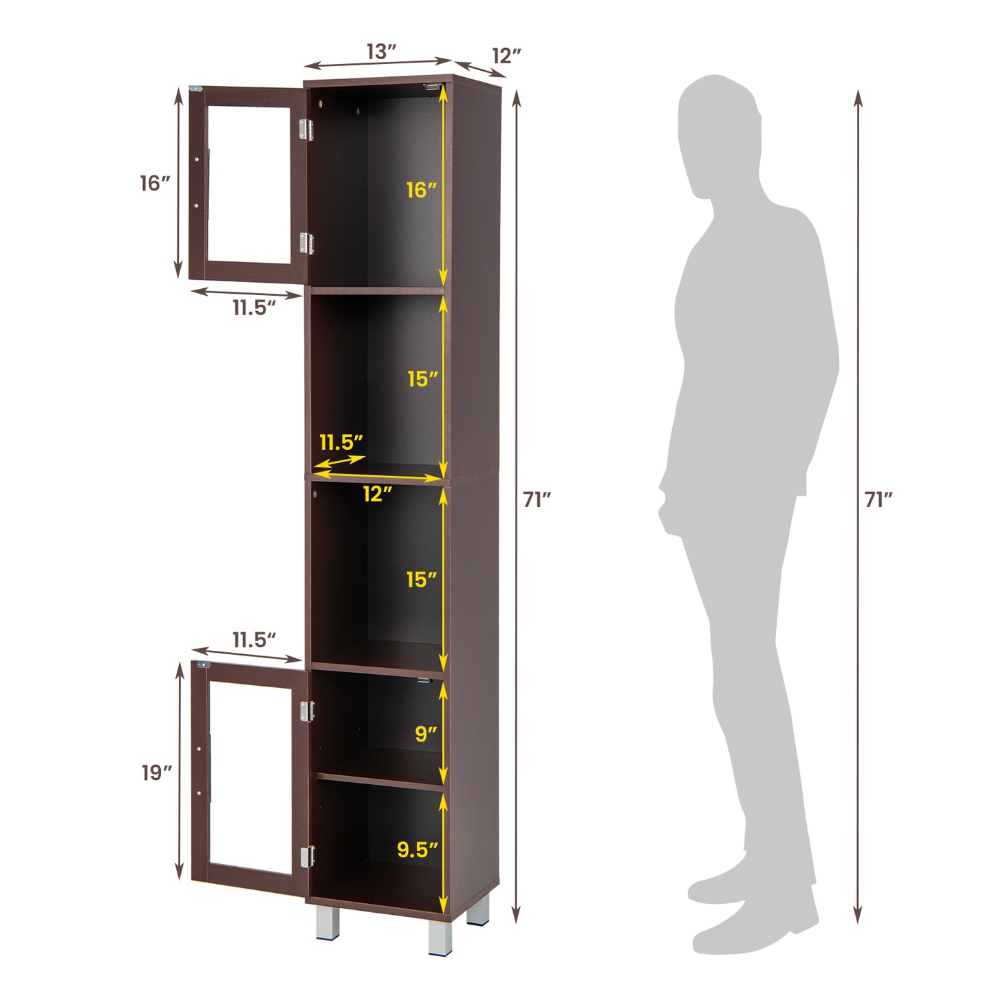 71 Inch Tall Tower Bathroom Storage Cabinet and Organizer Display Shelves for Bedroom, Brown Floor Cabinets at Gallery Canada