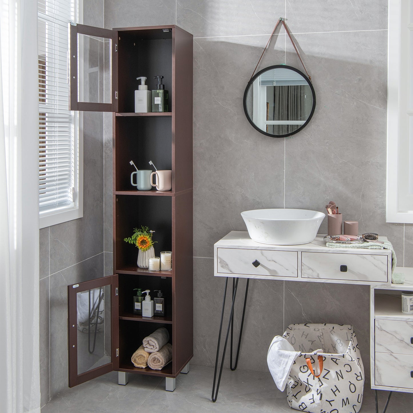 71 Inch Tall Tower Bathroom Storage Cabinet and Organizer Display Shelves for Bedroom, Brown Floor Cabinets at Gallery Canada