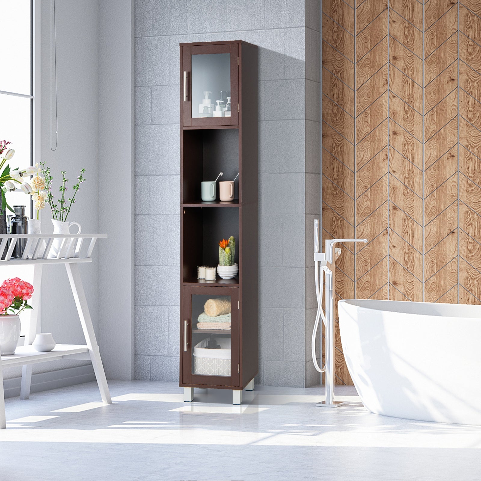 71 Inch Tall Tower Bathroom Storage Cabinet and Organizer Display Shelves for Bedroom, Brown Floor Cabinets at Gallery Canada
