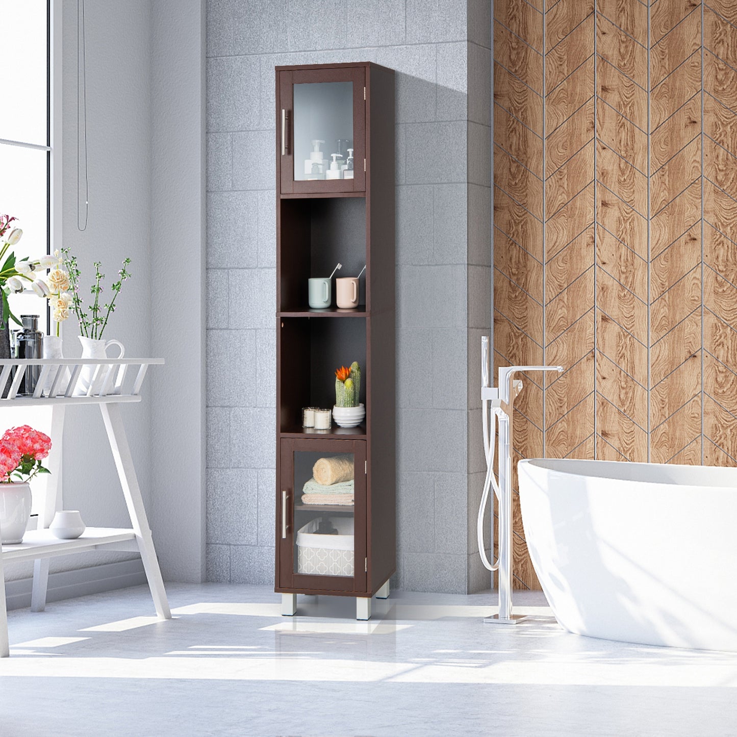 71 Inch Tall Tower Bathroom Storage Cabinet and Organizer Display Shelves for Bedroom, Brown Floor Cabinets at Gallery Canada