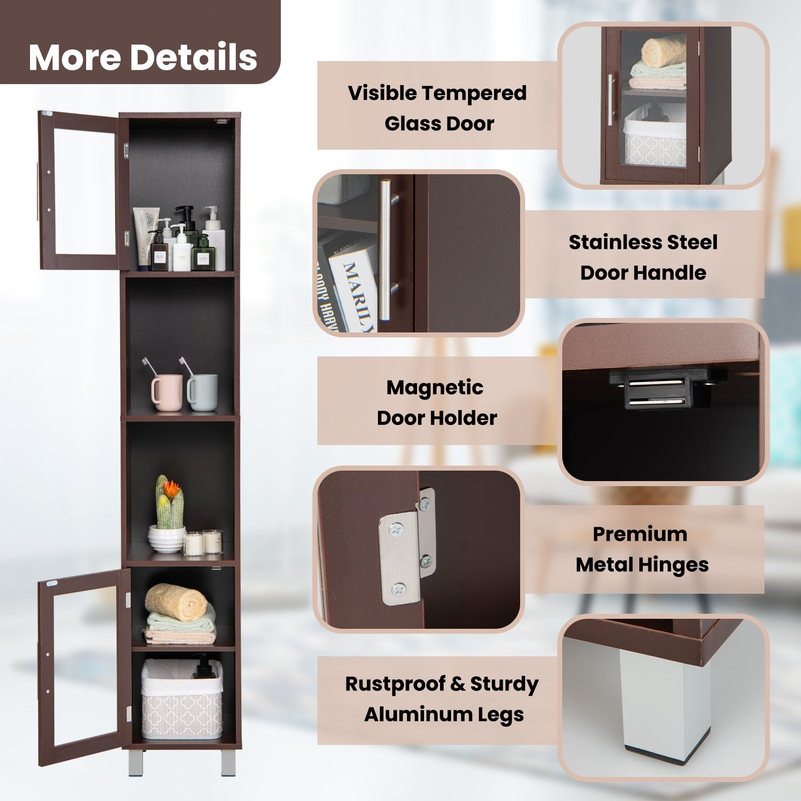 71 Inch Tall Tower Bathroom Storage Cabinet and Organizer Display Shelves for Bedroom, Brown Floor Cabinets at Gallery Canada