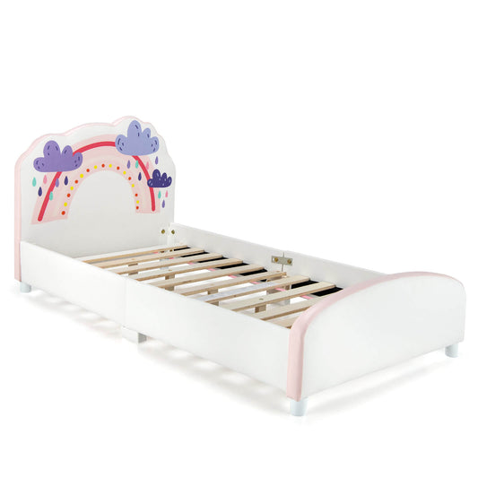 Kids Twin Size Upholstered Platform Wooden Bed with Rainbow Pattern, White Toddler Beds White at Gallery Canada