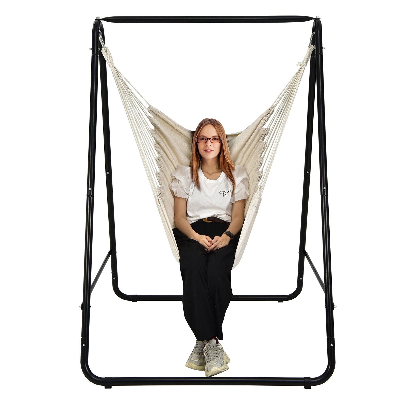 Hanging Padded Hammock Chair with Stand and Heavy Duty Steel, Beige Hammocks at Gallery Canada