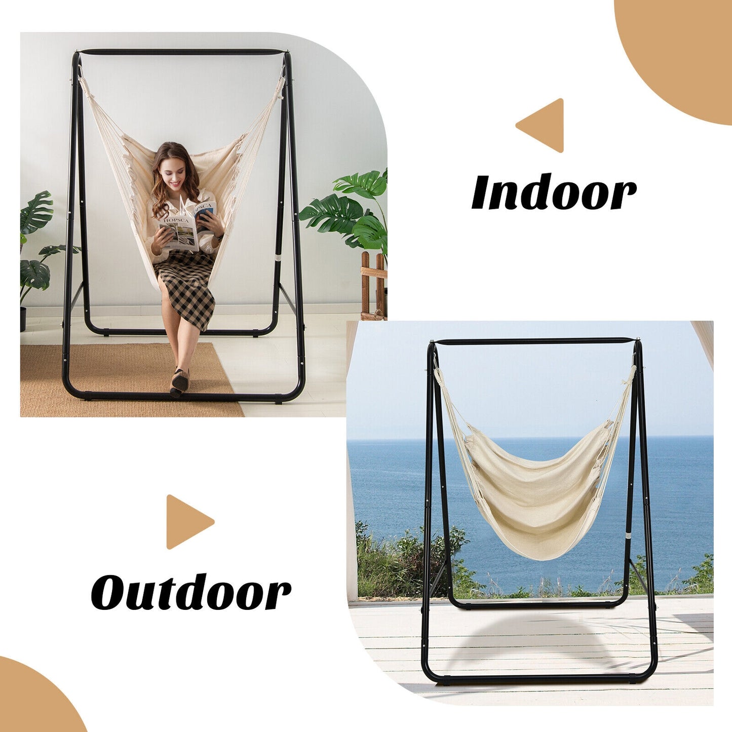 Hanging Padded Hammock Chair with Stand and Heavy Duty Steel, Beige Hammocks at Gallery Canada