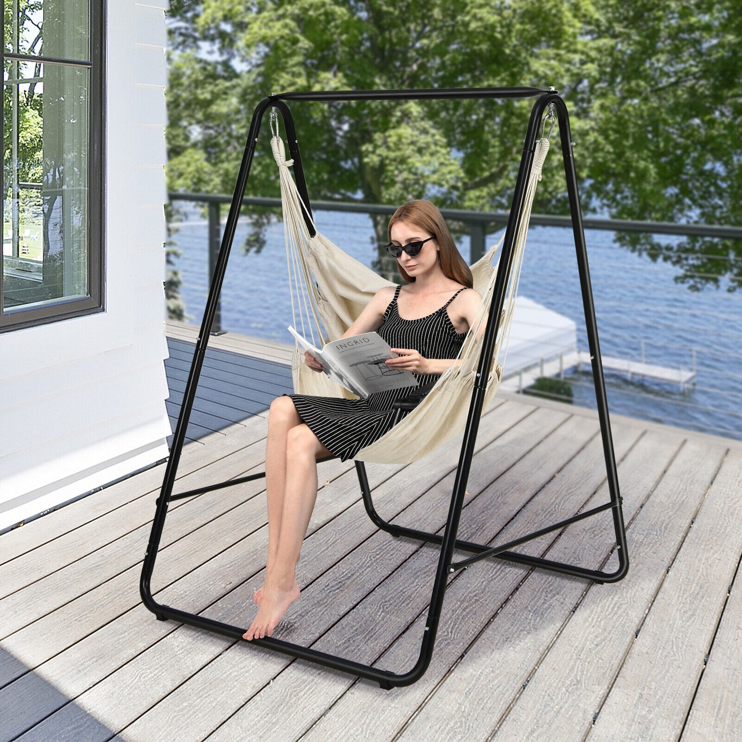 Hanging Padded Hammock Chair with Stand and Heavy Duty Steel, Beige Hammocks at Gallery Canada