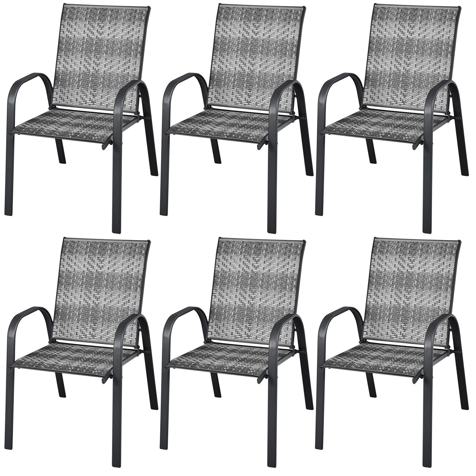 Set of 6 Outdoor PE Wicker Stackable Chairs with Sturdy Steel Frame, Gray Patio Dining Chairs at Gallery Canada