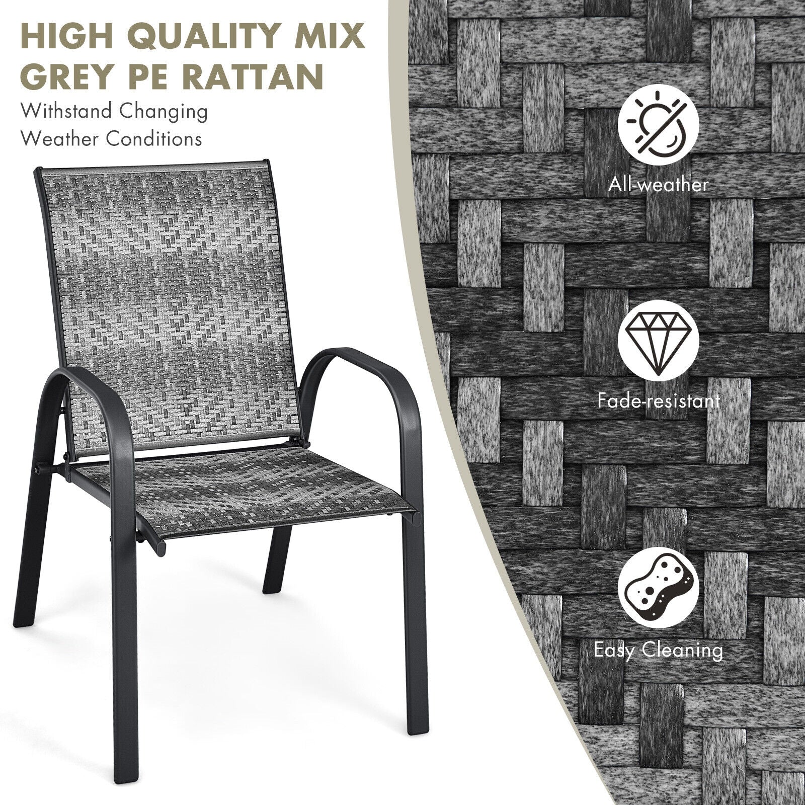 Set of 6 Outdoor PE Wicker Stackable Chairs with Sturdy Steel Frame, Gray Patio Dining Chairs at Gallery Canada