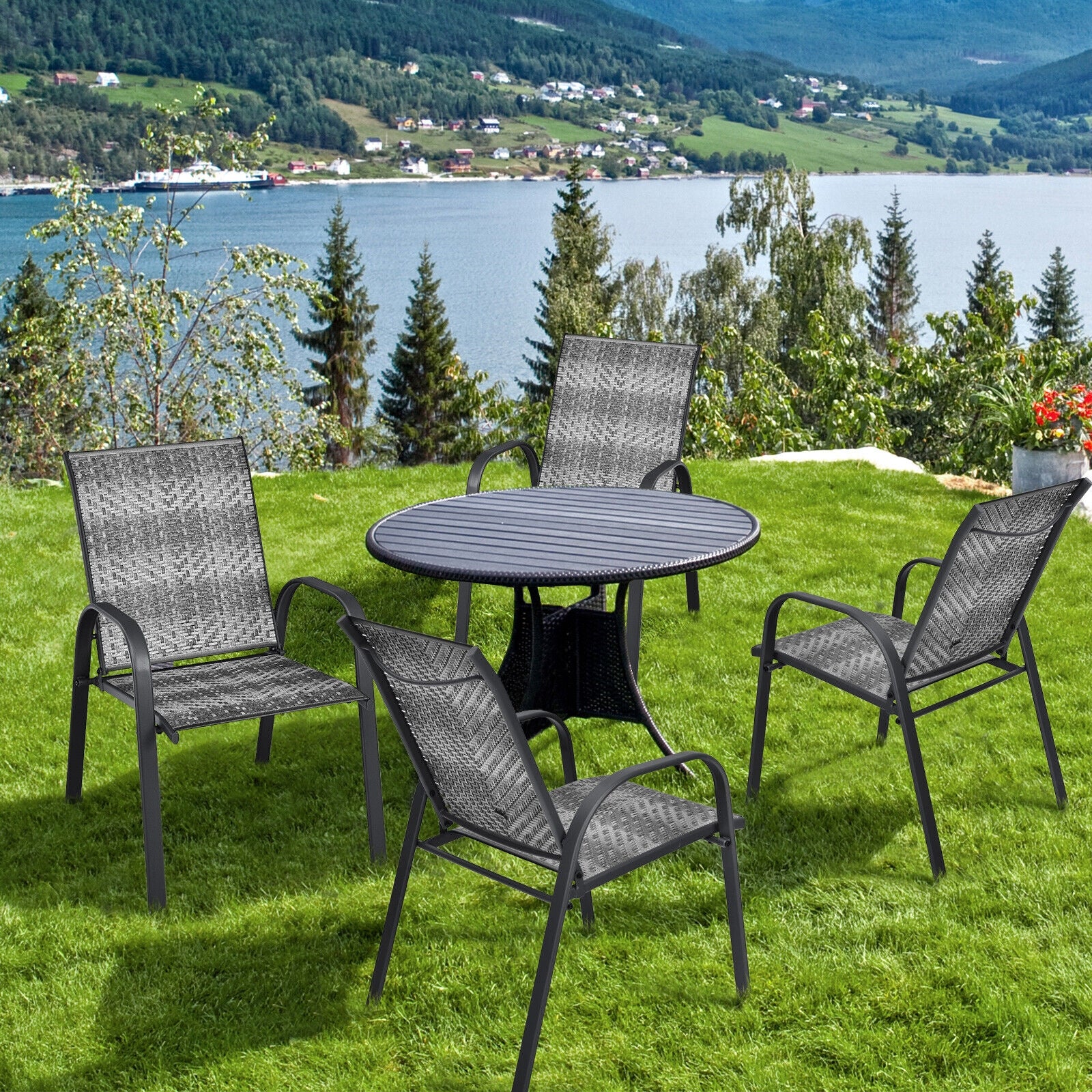 Set of 6 Outdoor PE Wicker Stackable Chairs with Sturdy Steel Frame, Gray Patio Dining Chairs at Gallery Canada