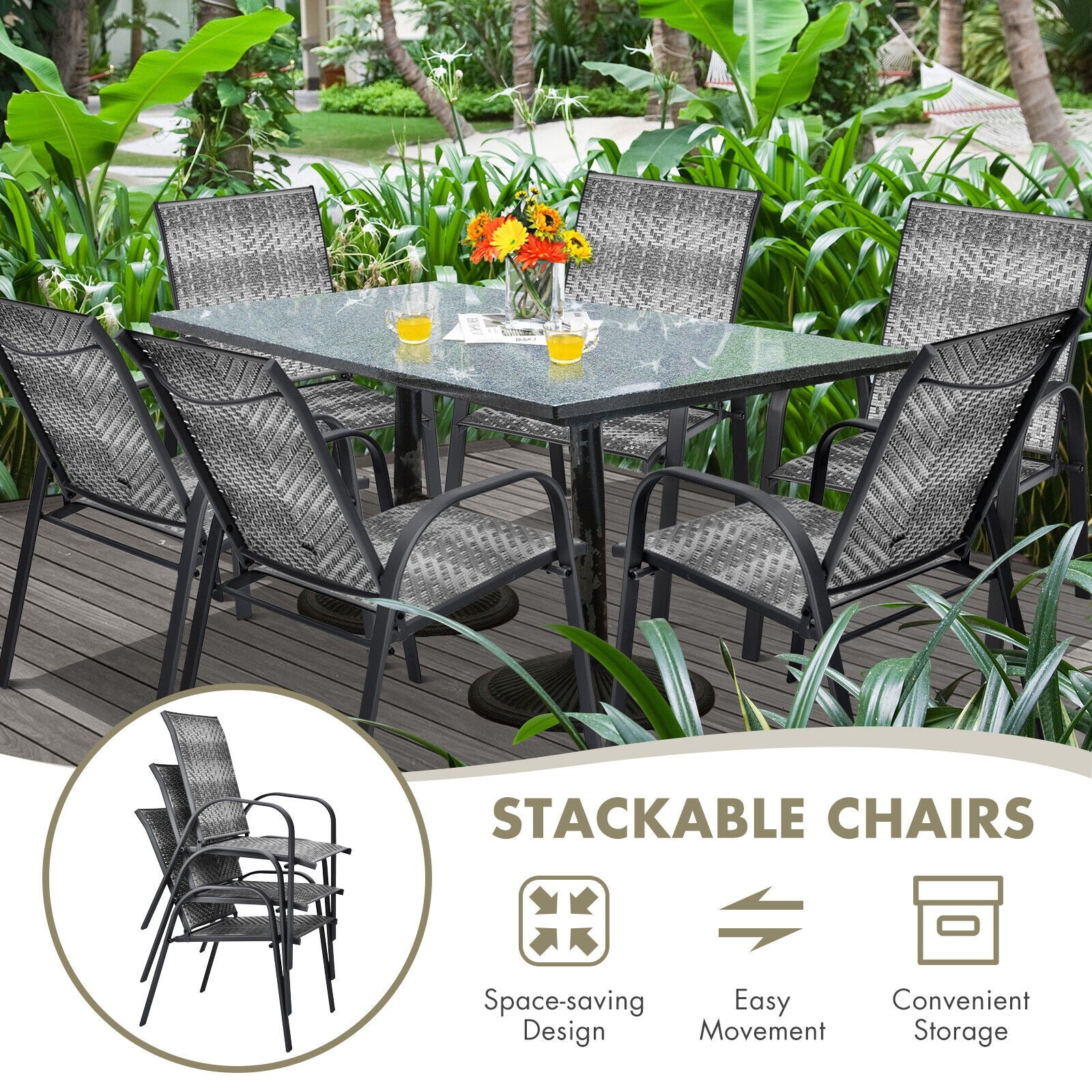 Set of 6 Outdoor PE Wicker Stackable Chairs with Sturdy Steel Frame, Gray Patio Dining Chairs at Gallery Canada