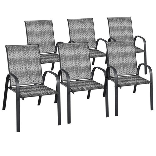 6 Outdoor PE Wicker Stackable Chairs, Steel Frame, Gray