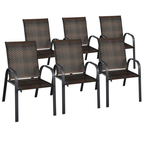 Set of 6 Outdoor PE Wicker Stackable Chairs with Sturdy Steel Frame, Brown