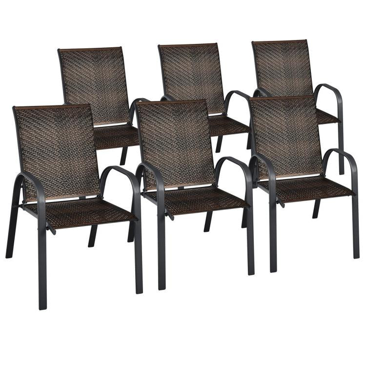 Set of 6 Outdoor PE Wicker Stackable Chairs with Sturdy Steel Frame, Brown Patio Dining Chairs at Gallery Canada